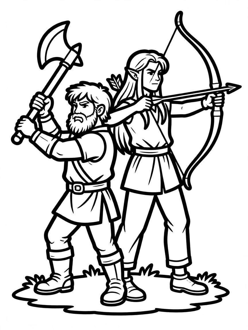 Gimli and Legolas standing back-to-back in battle