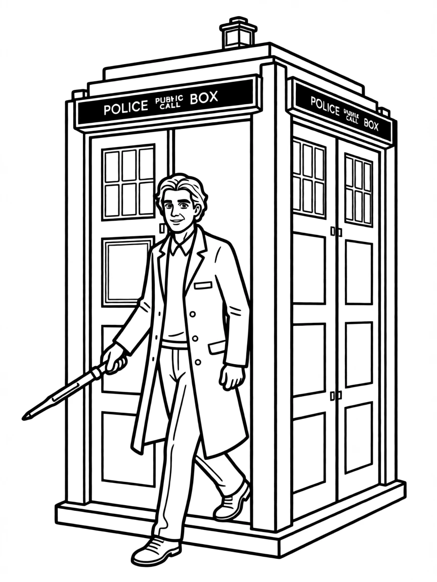 Doctor Who stepping out of the TARDIS with sonic screwdriver in hand