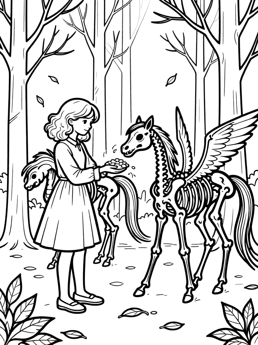 Luna Lovegood feeding thestrals in the Forbidden Forest