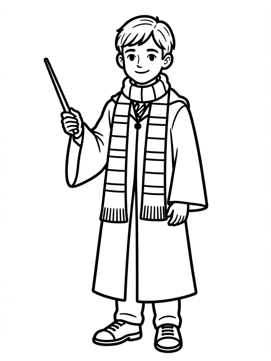 Draco Malfoy with his Slytherin scarf and wand
