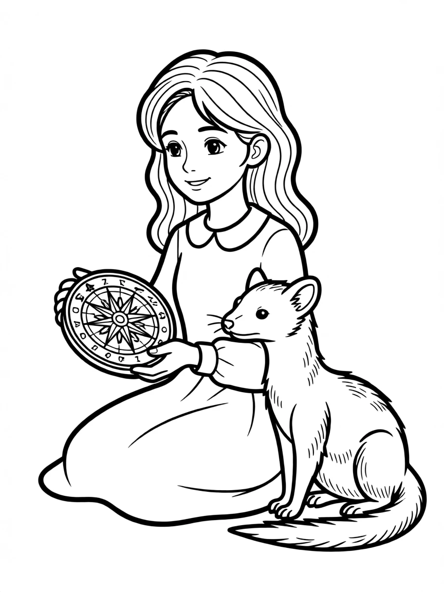Lyra Belacqua with her daemon Pantalaimon and the alethiometer