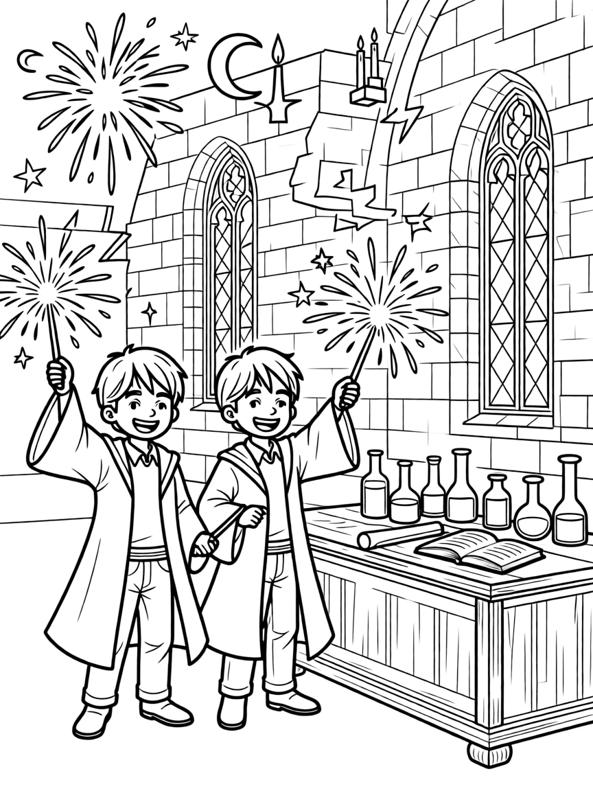 The Weasley twins setting off magical fireworks inside Hogwarts