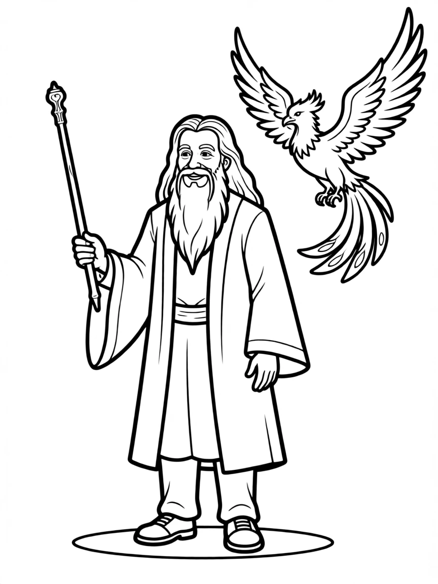Albus Dumbledore with the Elder Wand and Fawkes the phoenix