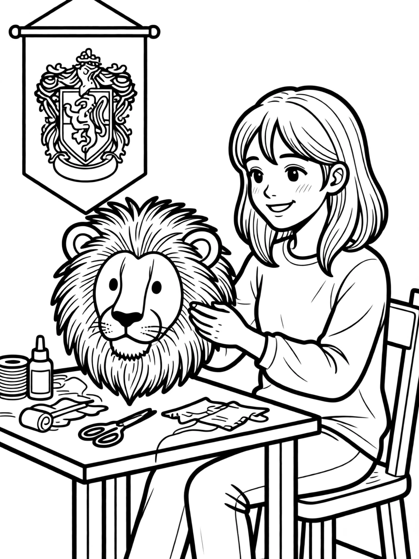 Luna Lovegood creating her lion hat to support Gryffindor