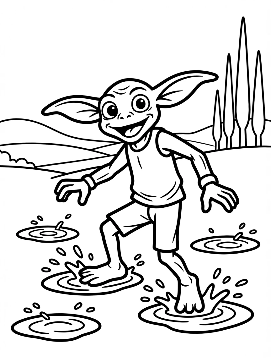 Jar Jar Binks from "Star Wars" stepping in puddles on Naboo