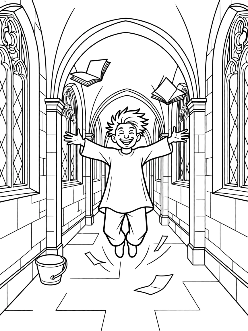 Peeves the poltergeist causing mischief in Hogwarts corridors