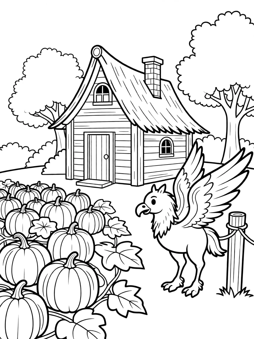 Hagrid's hut with pumpkin patch and Buckbeak tied outside