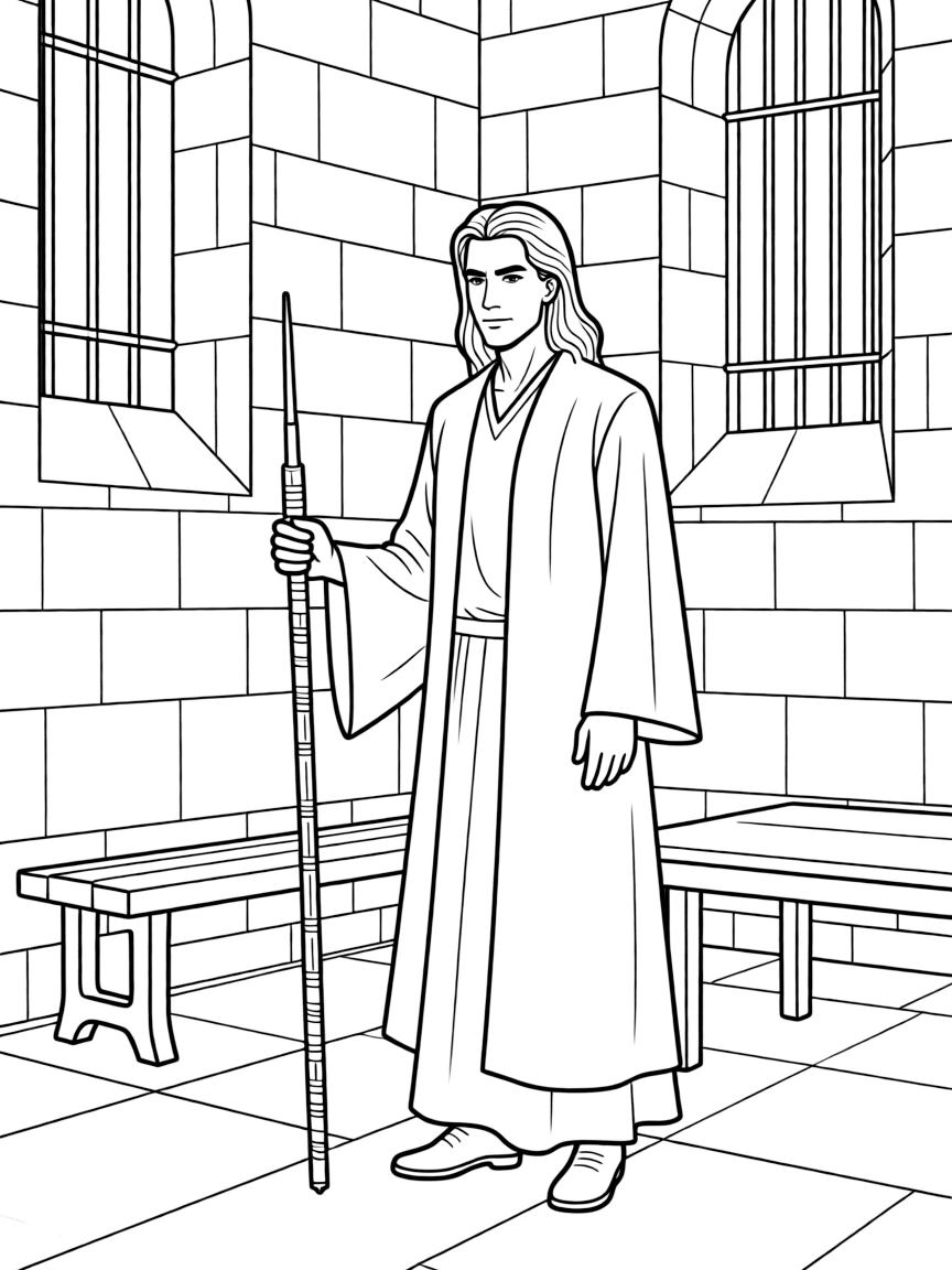 Grindelwald with the Elder Wand in the original Nurmengard prison