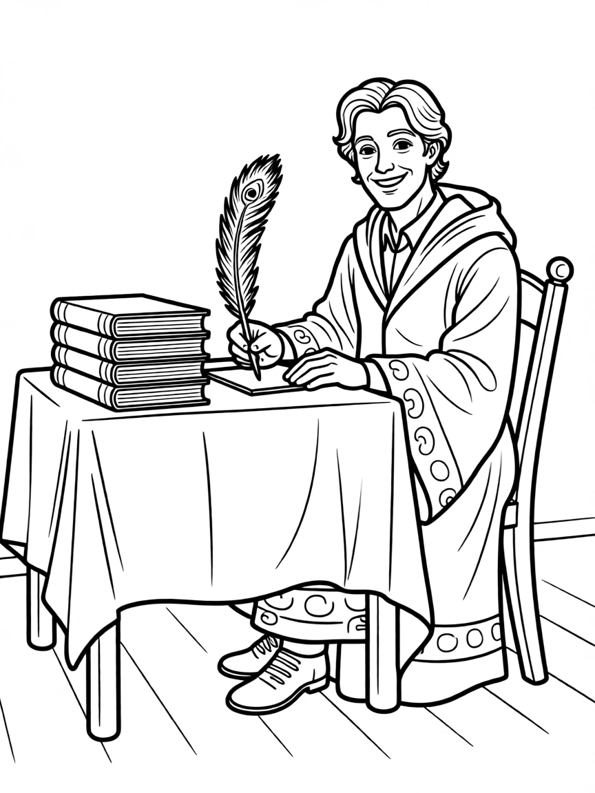 Gilderoy Lockhart signing copies of his books with peacock quill