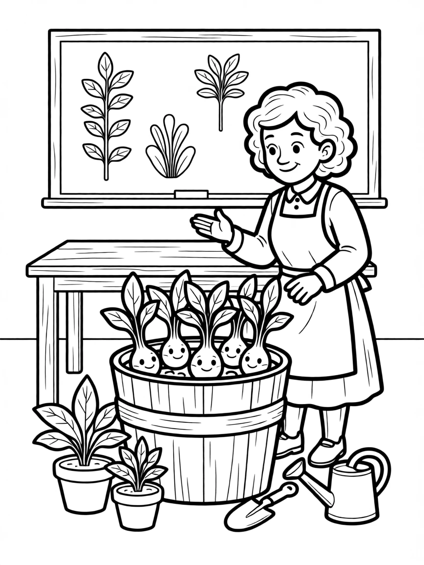 Professor Sprout teaching Herbology with mandrakes