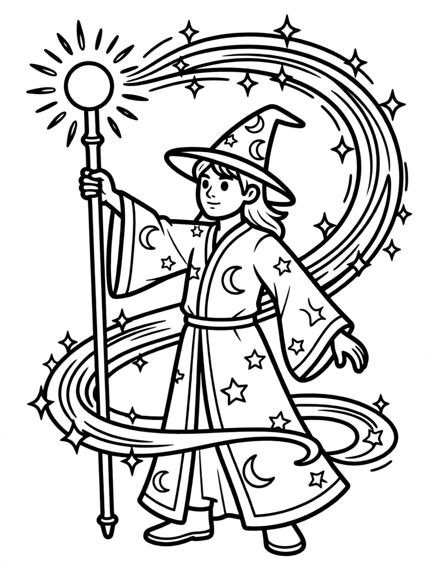 Merlin casting a powerful spell with his staff raised