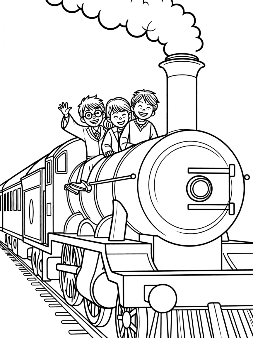 The Golden Trio riding the Hogwarts Express