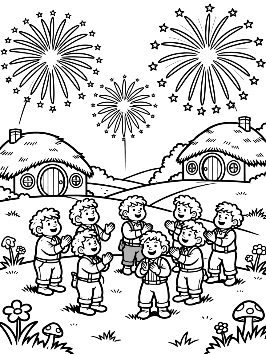Hobbits celebrating in the Shire with fireworks