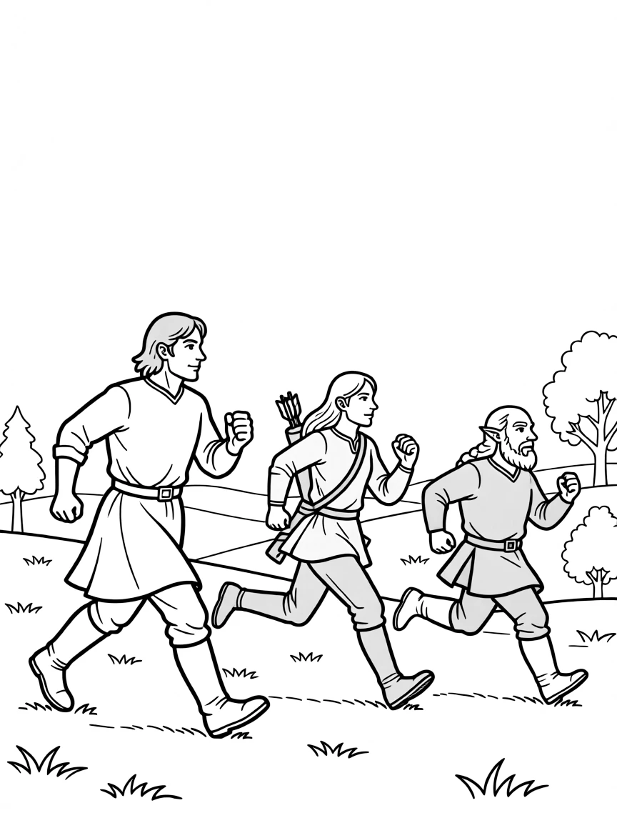 Aragorn, Legolas, and Gimli running across Rohan