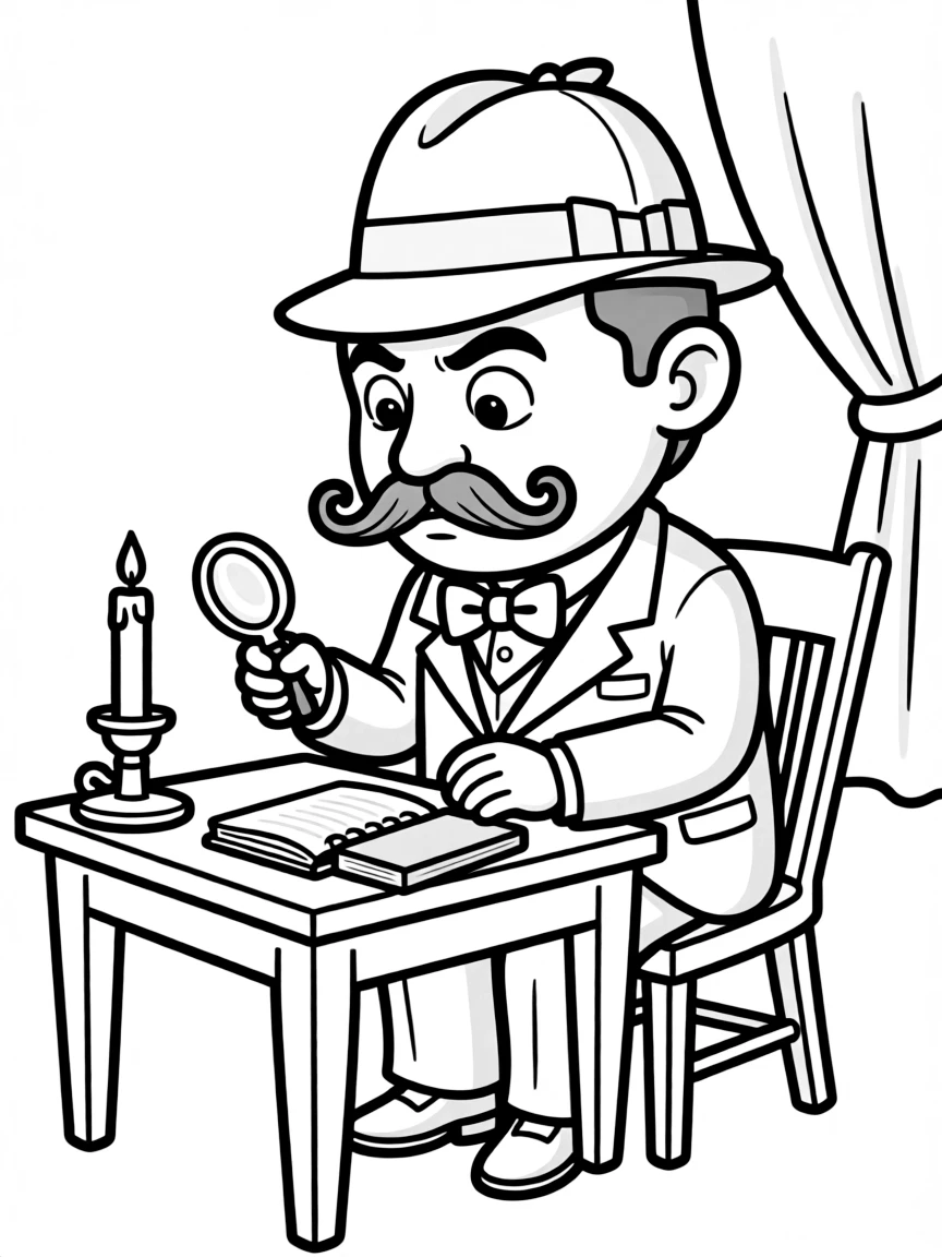 Hercule Poirot with his egg-shaped head and magnificent mustache examining clues