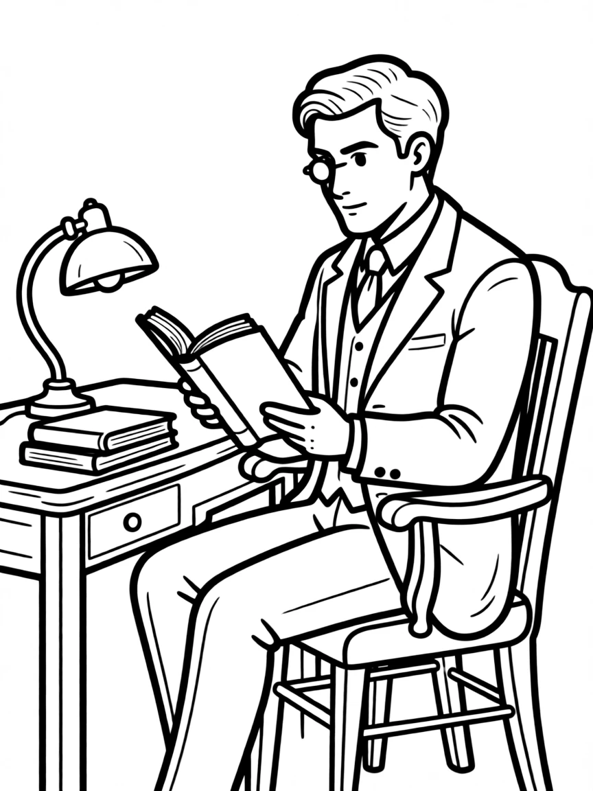 Lord Peter Wimsey with his monocle examining a rare book