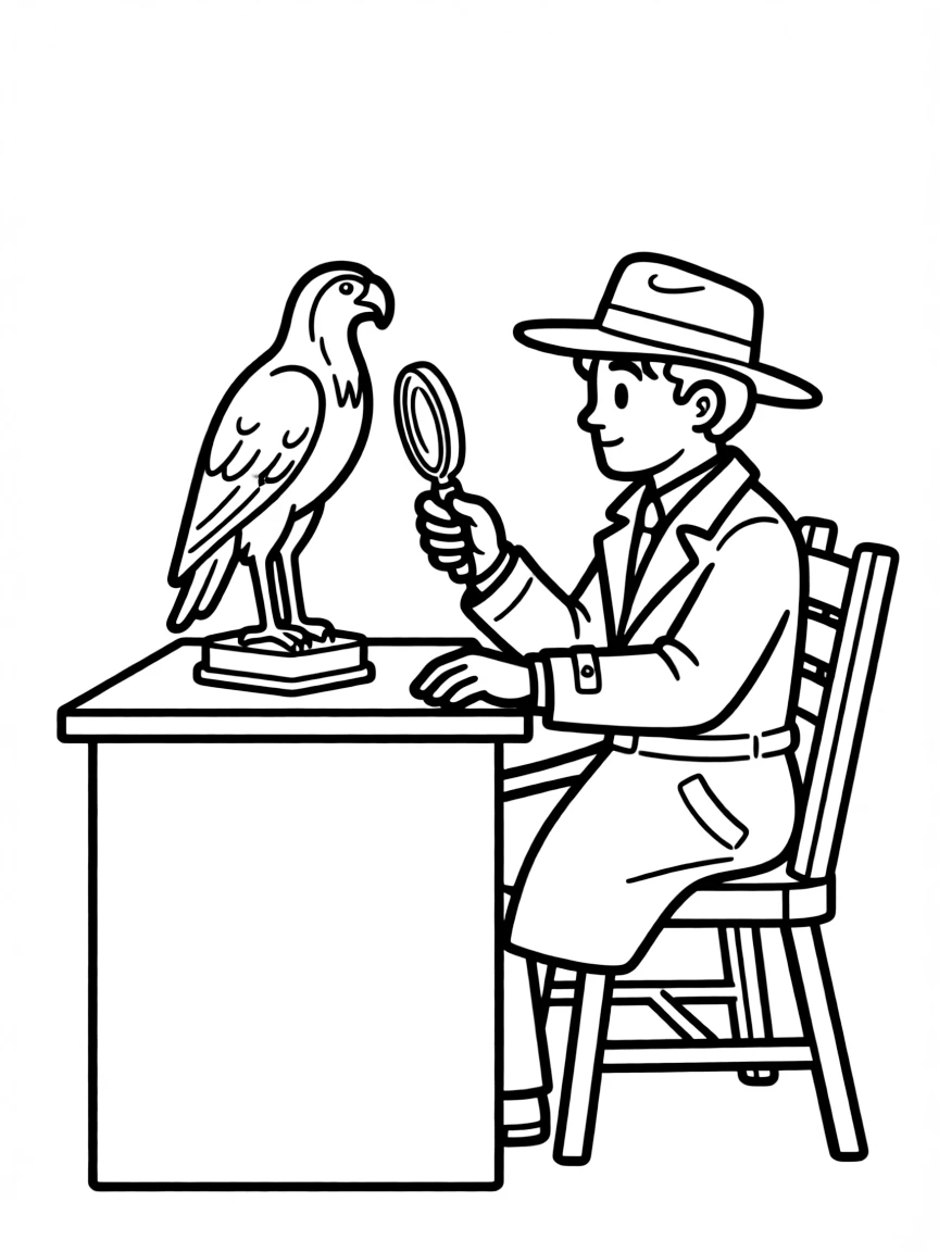 Sam Spade with the Maltese Falcon statue on his desk