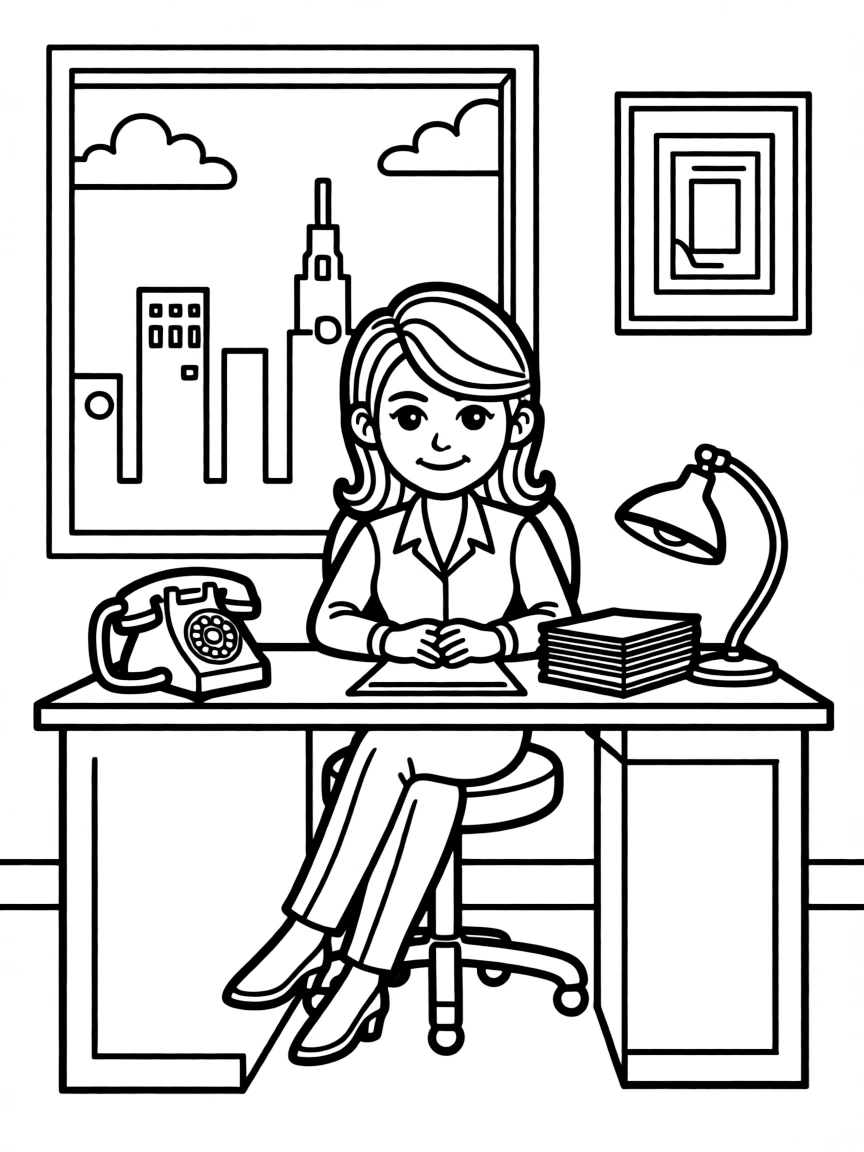 V.I. Warshawski from Sara Paretsky's novels in her Chicago office