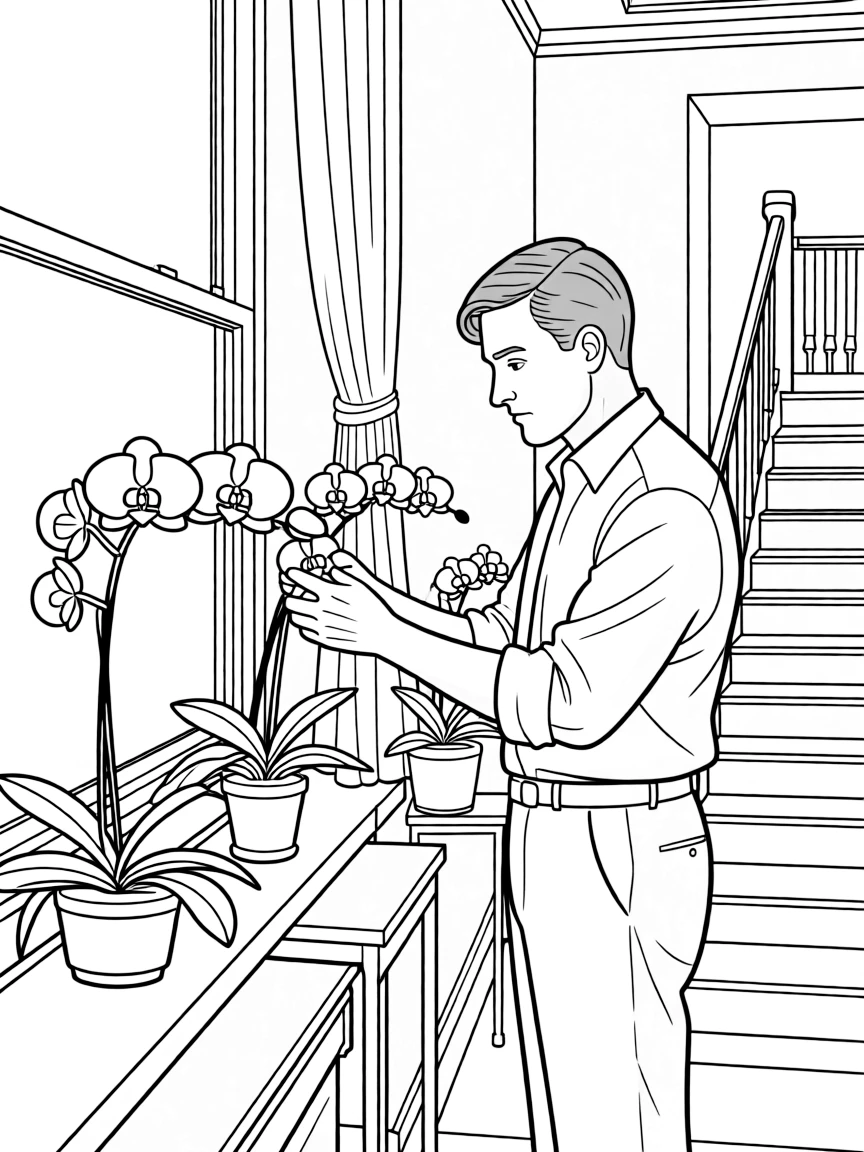 Nero Wolfe tending to his orchids in his brownstone