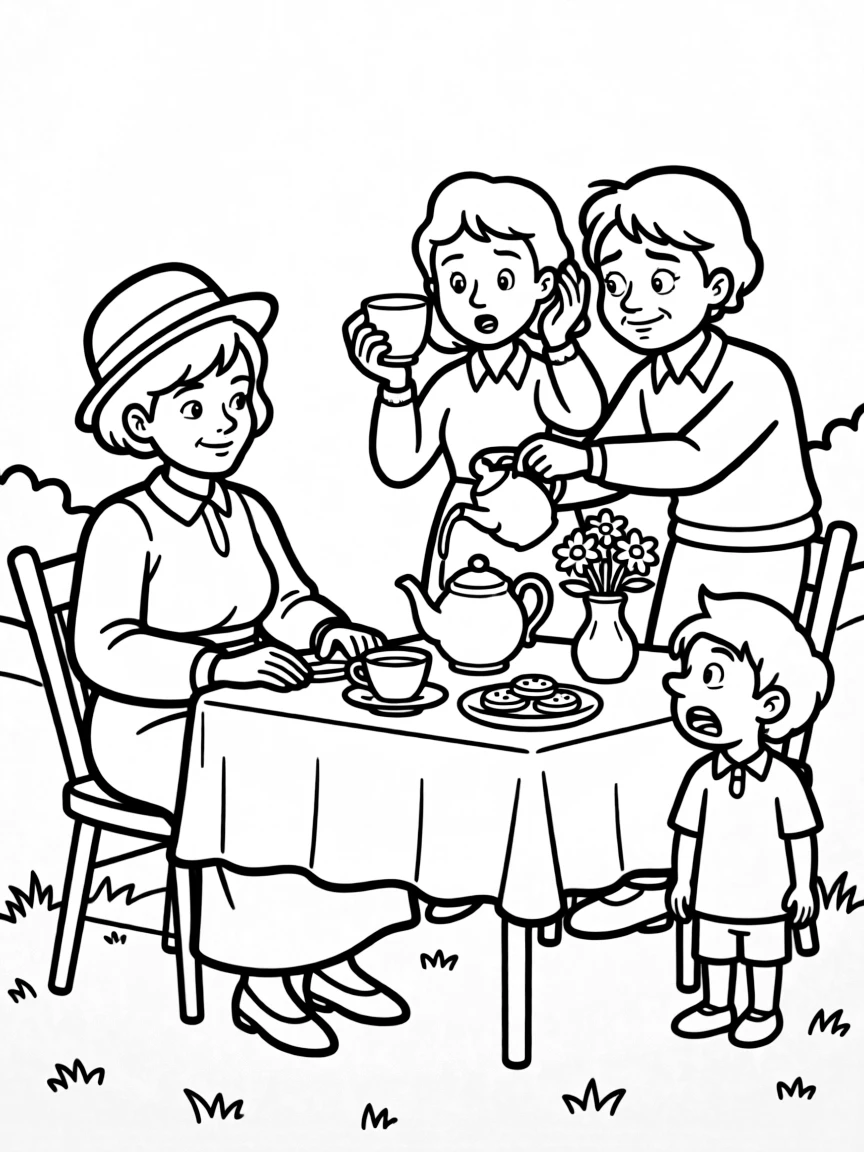 Miss Marple at a tea party observing suspicious behavior