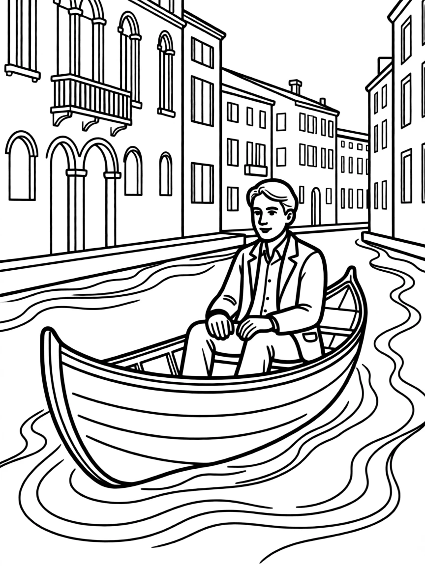 Commissario Brunetti from Donna Leon's novels in a Venetian canal boat