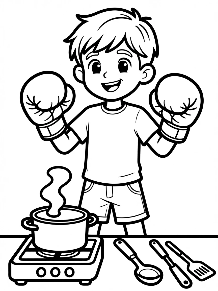 Spencer with his boxing gloves and gourmet cooking