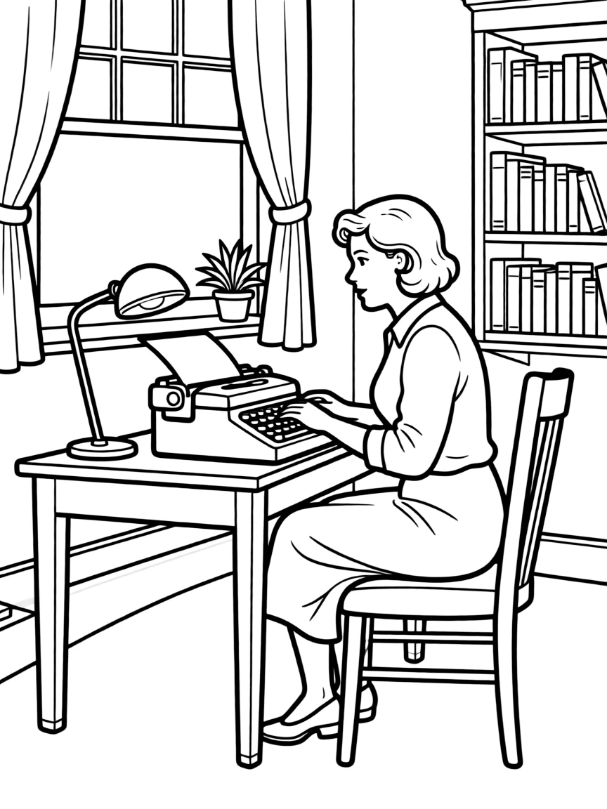 Jessica Fletcher typing on her typewriter in Cabot Cove