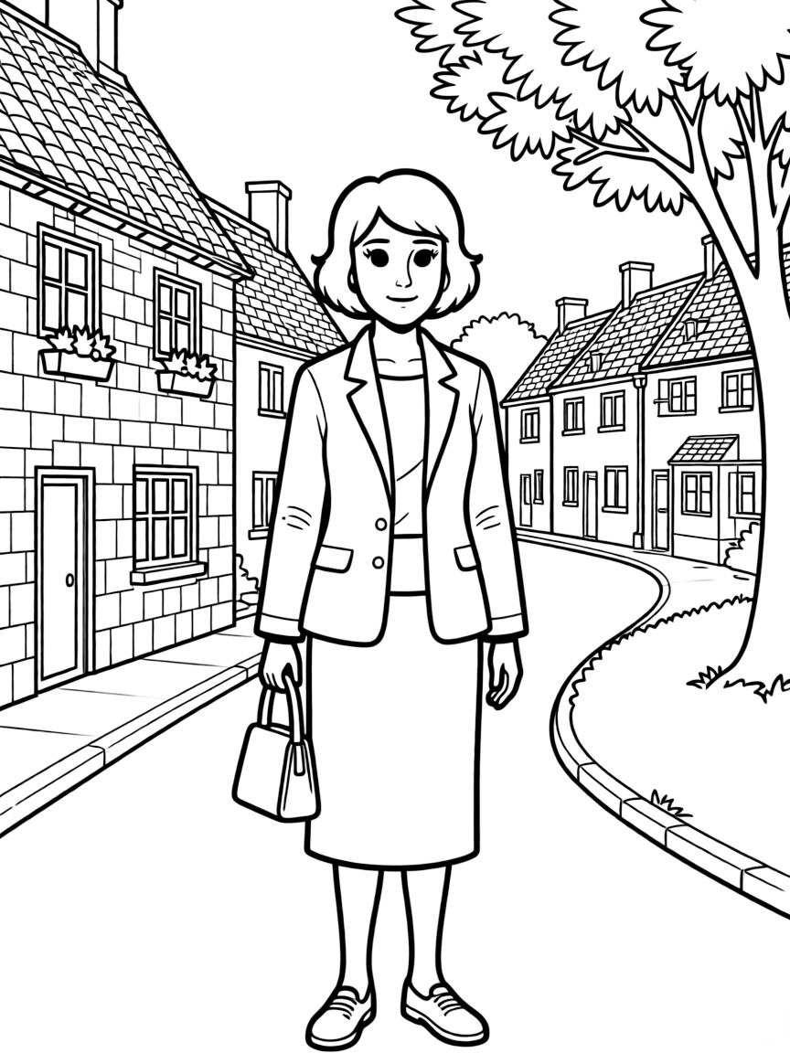 Agatha Raisin with her city clothes in the Cotswolds village