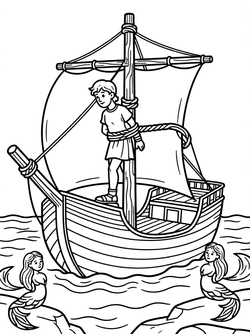 Odysseus tied to the mast of his ship while sirens sing
