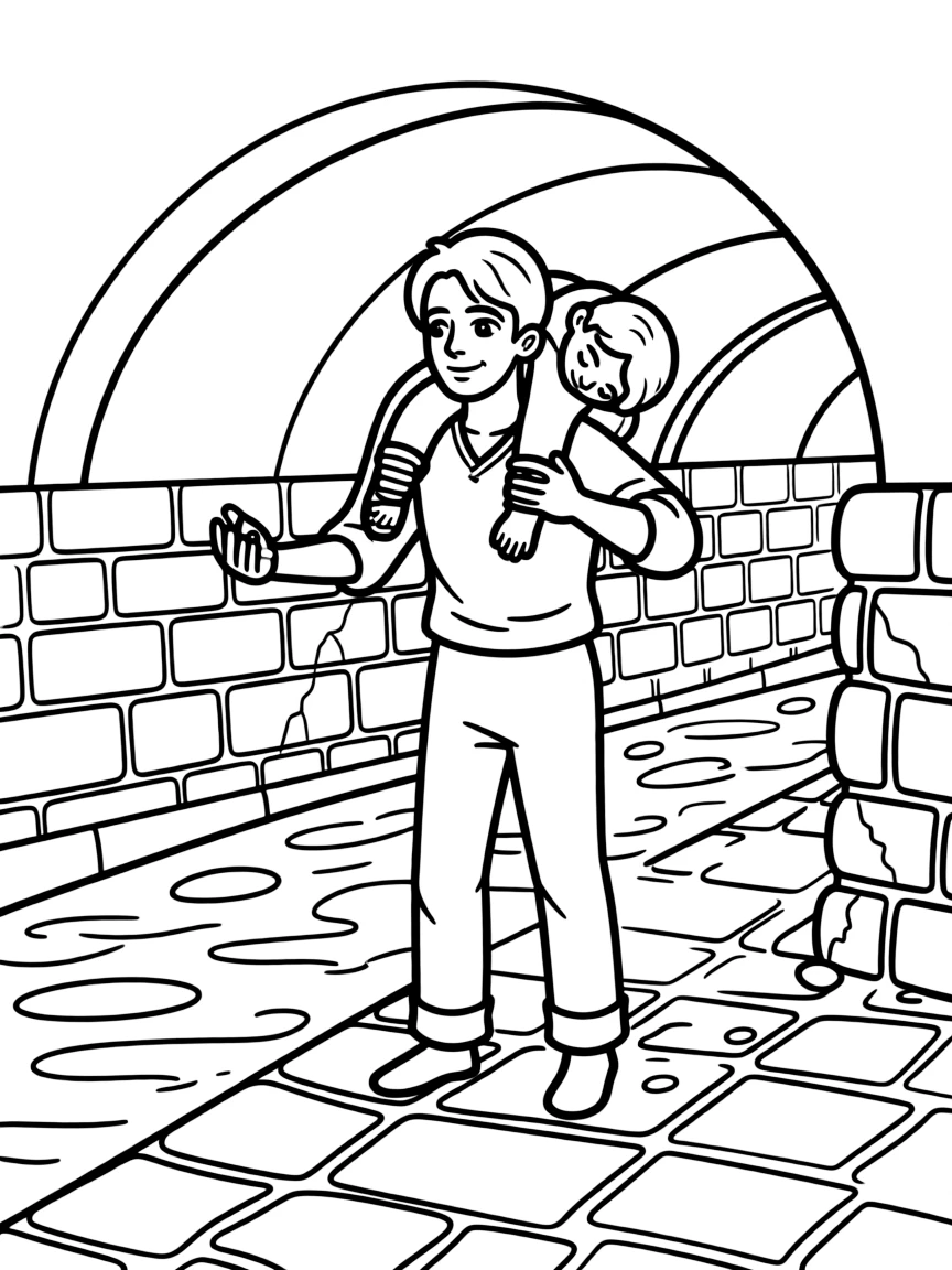 Jean Valjean carrying Marius through the sewers of Paris