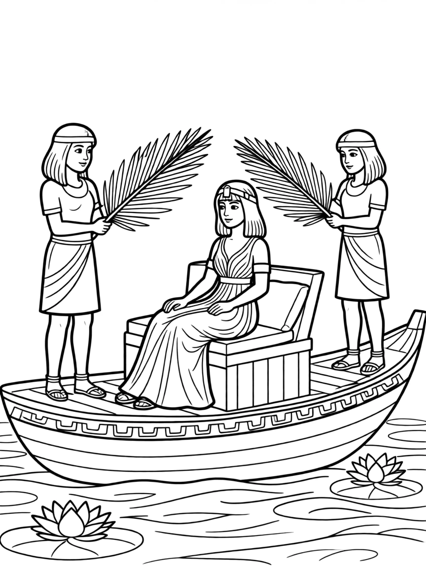 Cleopatra on her barge on the Nile with servants fanning her