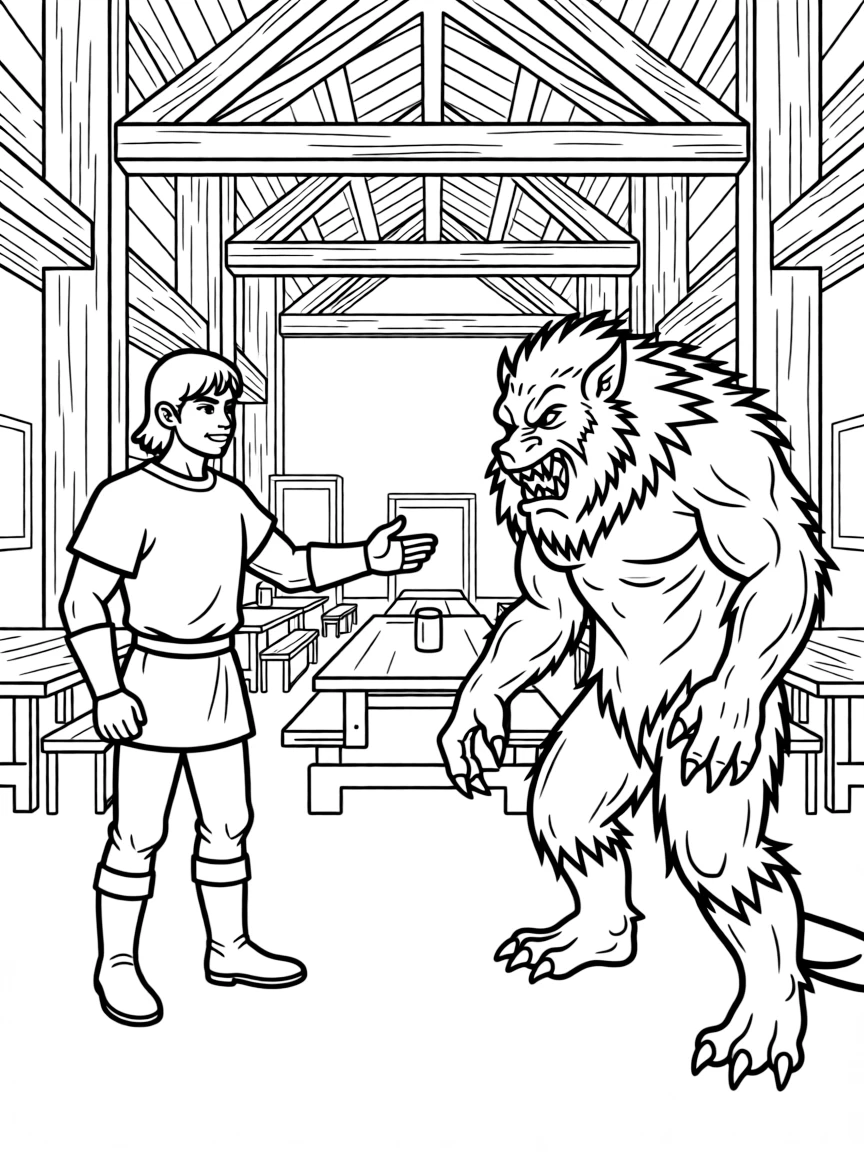 Beowulf facing Grendel in the mead hall