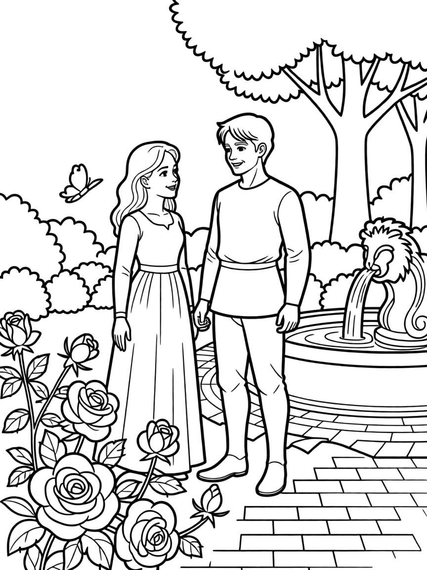 Guinevere and Lancelot in the garden while Arthur is away