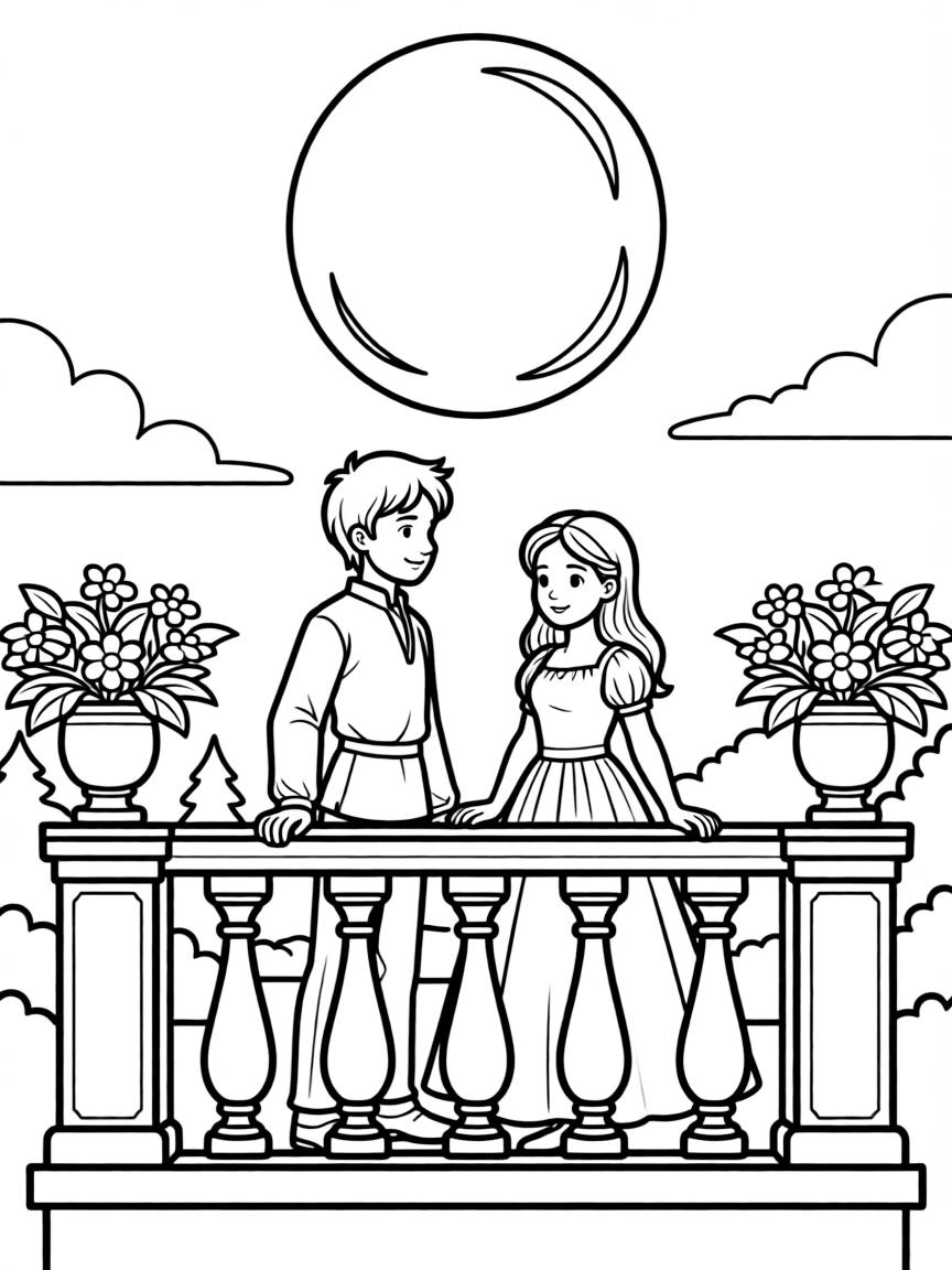 Romeo and Juliet on the balcony under moonlight