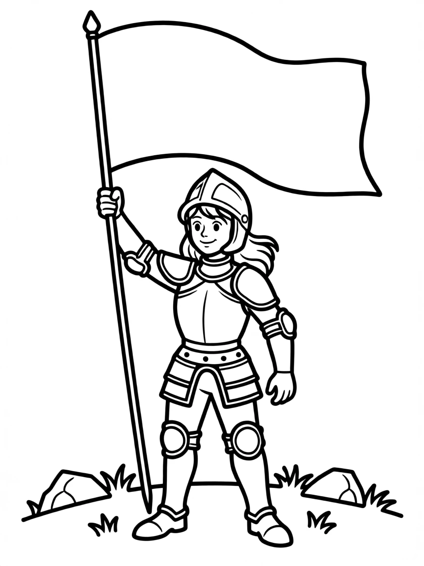 Joan of Arc in armor raising her banner in battle