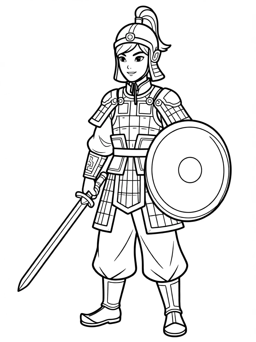 Mulan disguised as a male soldier in imperial Chinese armor