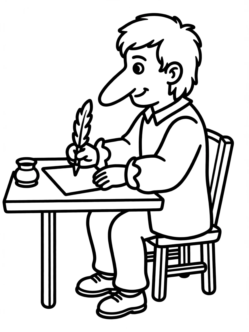 Cyrano de Bergerac with his enormous nose writing poetry