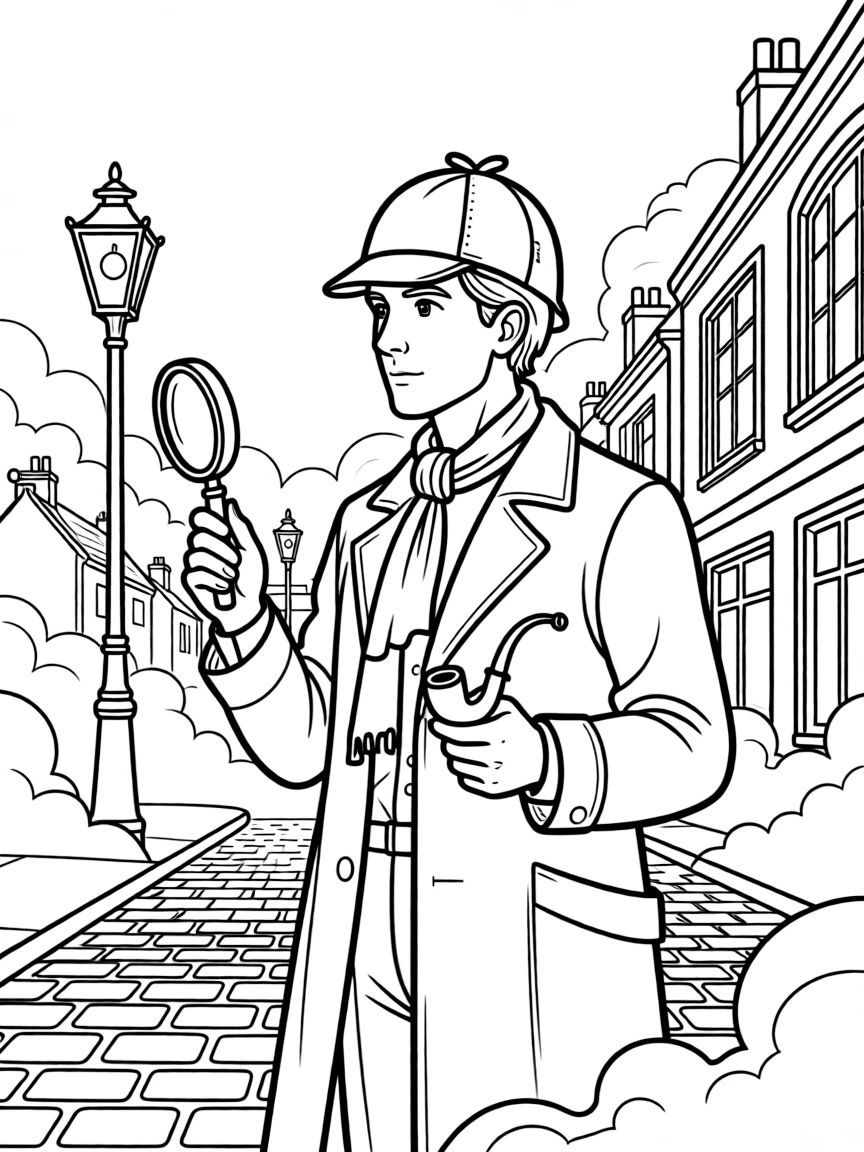 Sherlock Holmes in Victorian London fog with gaslights