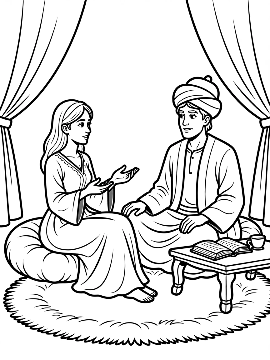 Scheherazade telling stories to the Sultan to save her life