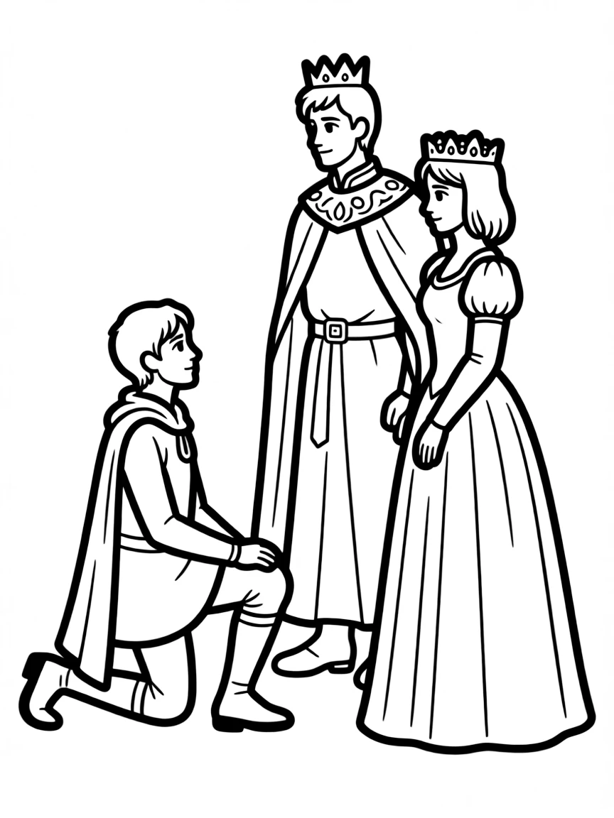 Sir Lancelot kneeling before King Arthur and Queen Guinevere