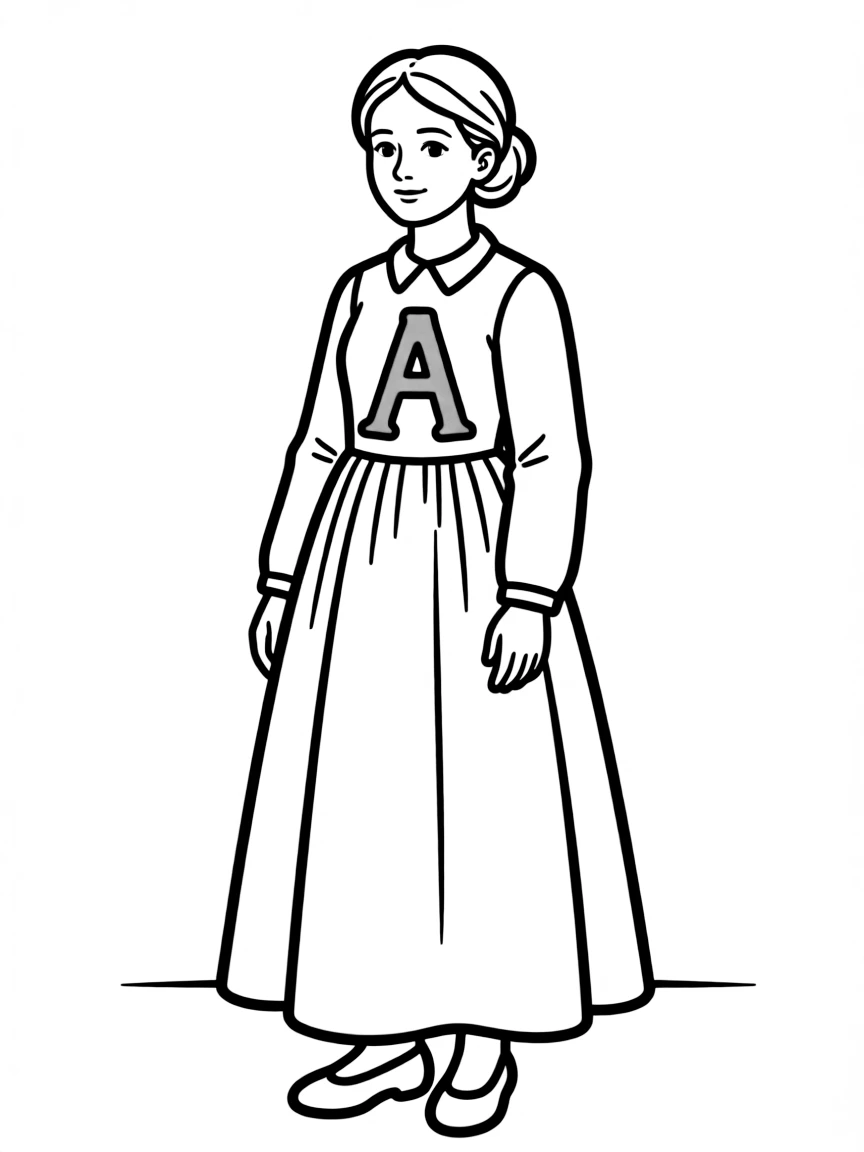 Hester Prynne with the scarlet letter on her dress