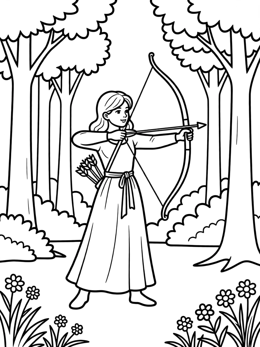 Maid Marian shooting arrows in Sherwood Forest
