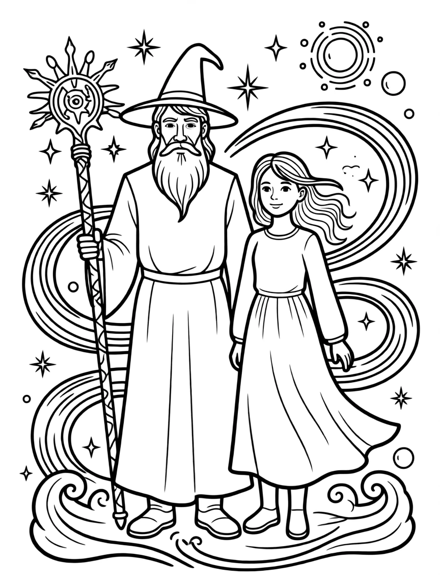 Merlin and Nimue with magical elements around them
