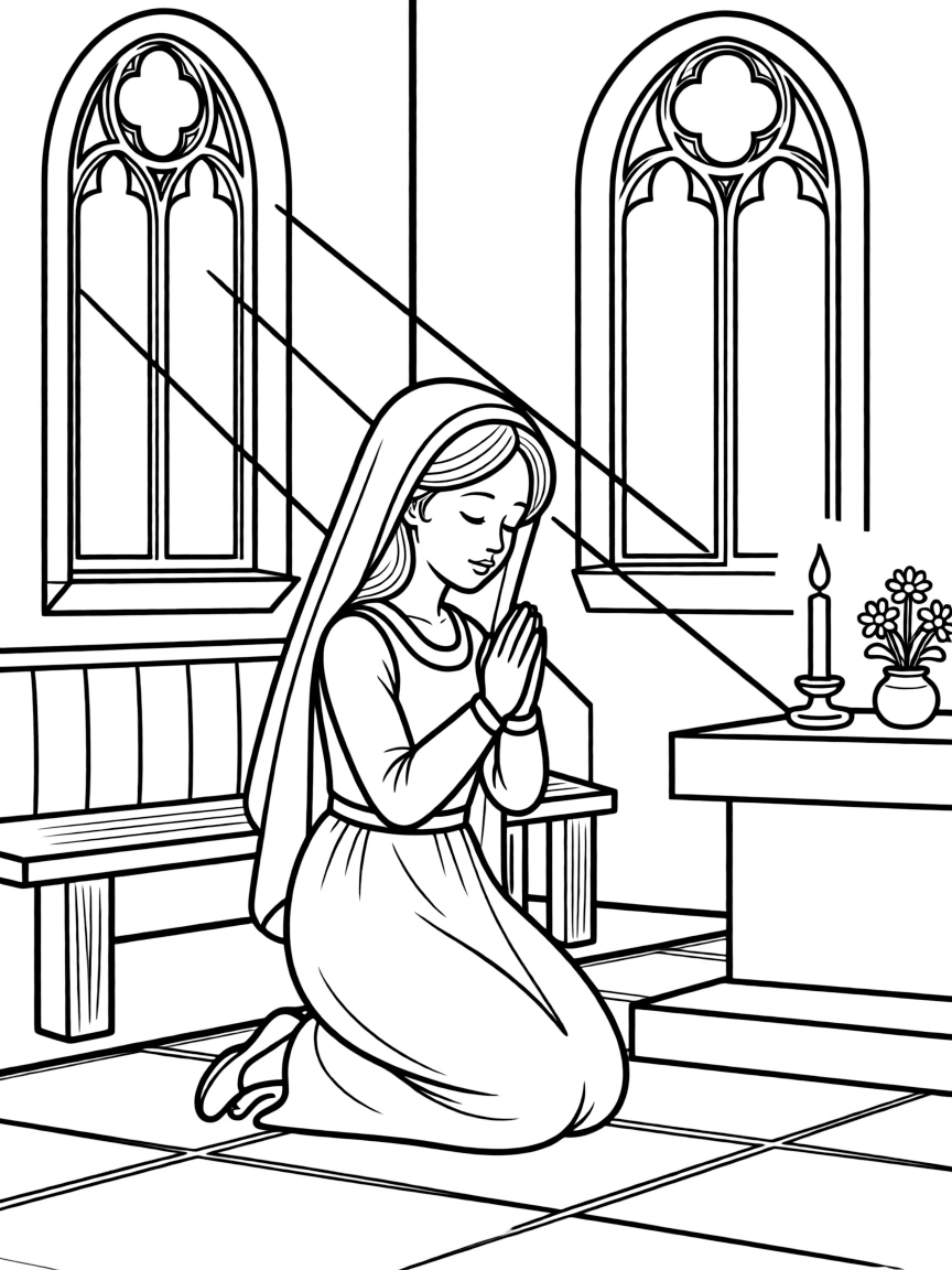 Guinevere praying in a convent after Arthur's death