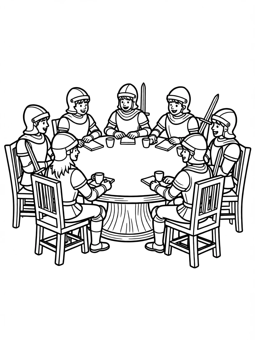Arthurian knights seated at the Round Table