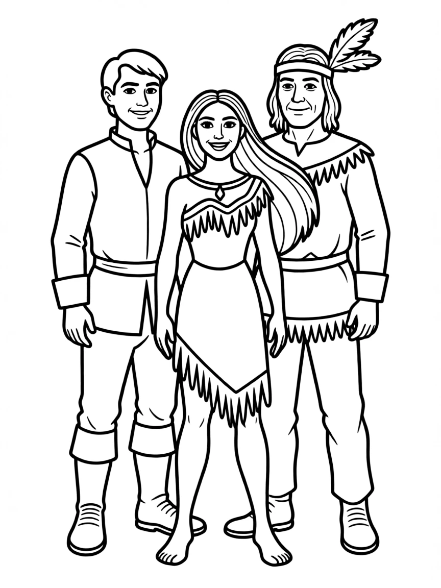 Pocahontas standing between John Smith and her father