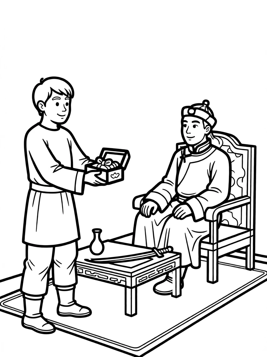 Marco Polo presenting exotic gifts to Kublai Khan