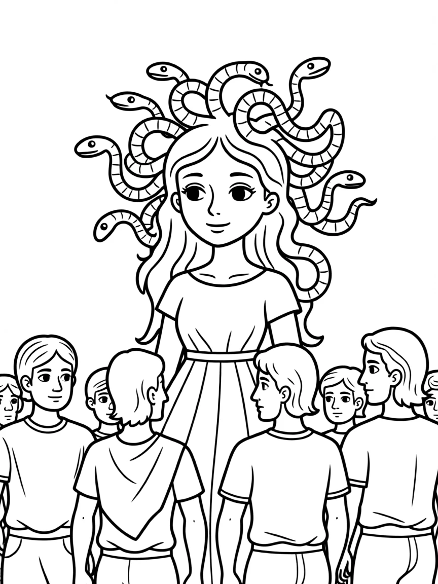 Medusa with snakes for hair turning men to stone