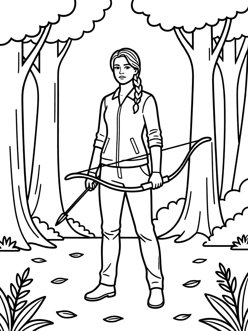 Katniss Everdeen with her bow and arrow in the Hunger Games arena