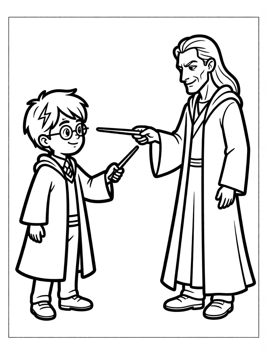 Harry Potter with his lightning scar and wand confronting Voldemort